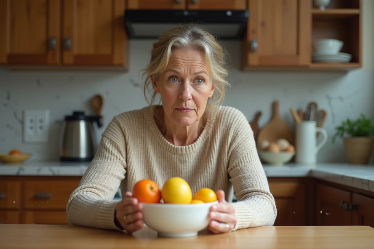 Femme inquiète face à des mouches sur un bol de fruits