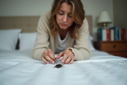 Femme inquiète examinant un insecte sur le lit