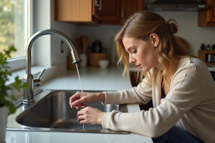 Femme inspectant un évier en cuisine avec calme