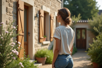 Femme en linen regardant la façade d'une maison en pierre