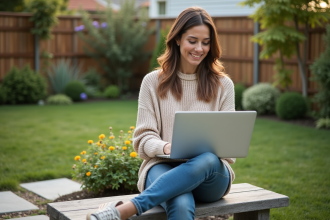 Jeune femme dans son jardin avec un ordinateur portable