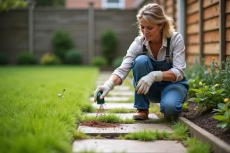 Femme de jardinage en plein air saupoudrant du bicarbonate sur les mauvaises herbes