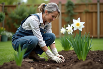 Femme en tenue de jardinage plantant un lys dans le jardin