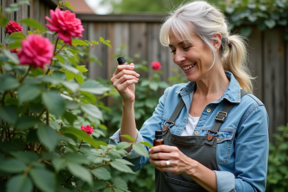 Femme inspectant un rosier avec huile essentielle dans un jardin