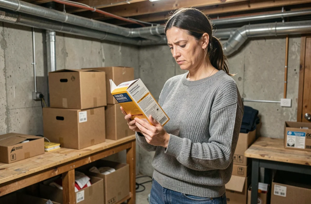 Femme lisant les instructions d'un produit anti-nuisibles dans une cave de maison individuelle avant une intervention DIY
