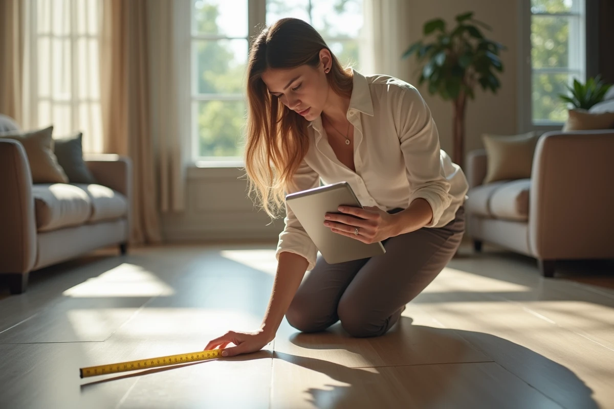 Jeune femme mesure le sol avec une règle dans un salon lumineux