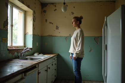 Femme pensant dans une cuisine délabrée avec moisissures