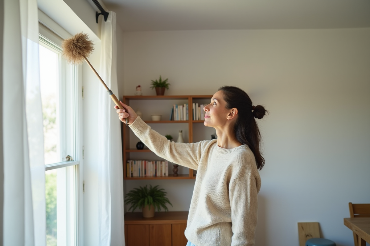 Femme d'âge moyen nettoyant un coin avec une brosse télescopique