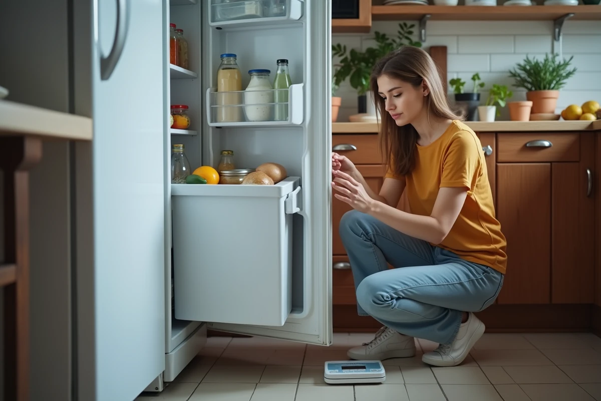 Jeune femme pesant un tiroir de congélateur dans une cuisine organisée