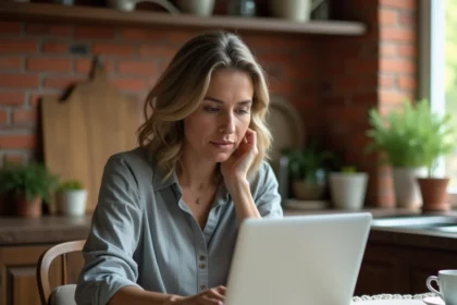 Femme utilisant une plateforme de mise en relation artisans sur ordinateur portable dans une cuisine