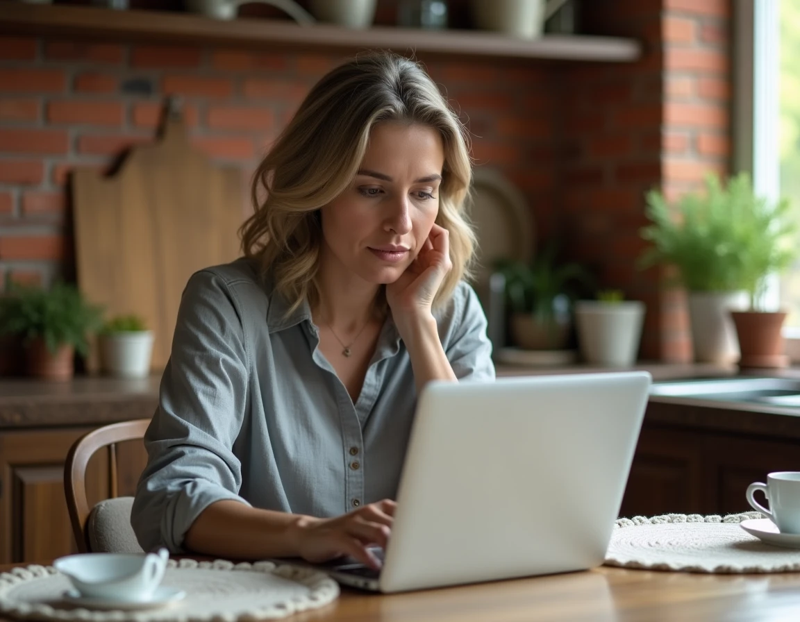 Femme utilisant une plateforme de mise en relation artisans sur ordinateur portable dans une cuisine