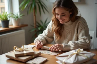 Jeune femme pliant une pochette cadeau en papier kraft