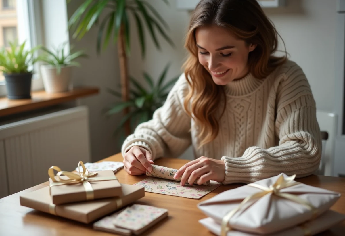 Jeune femme pliant une pochette cadeau en papier kraft