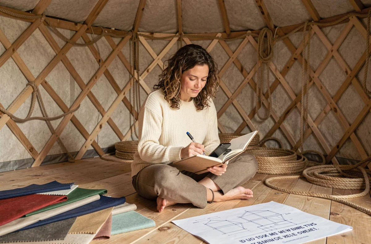 Femme planifiant le financement de sa yourte à l'intérieur de la structure en cours de montage