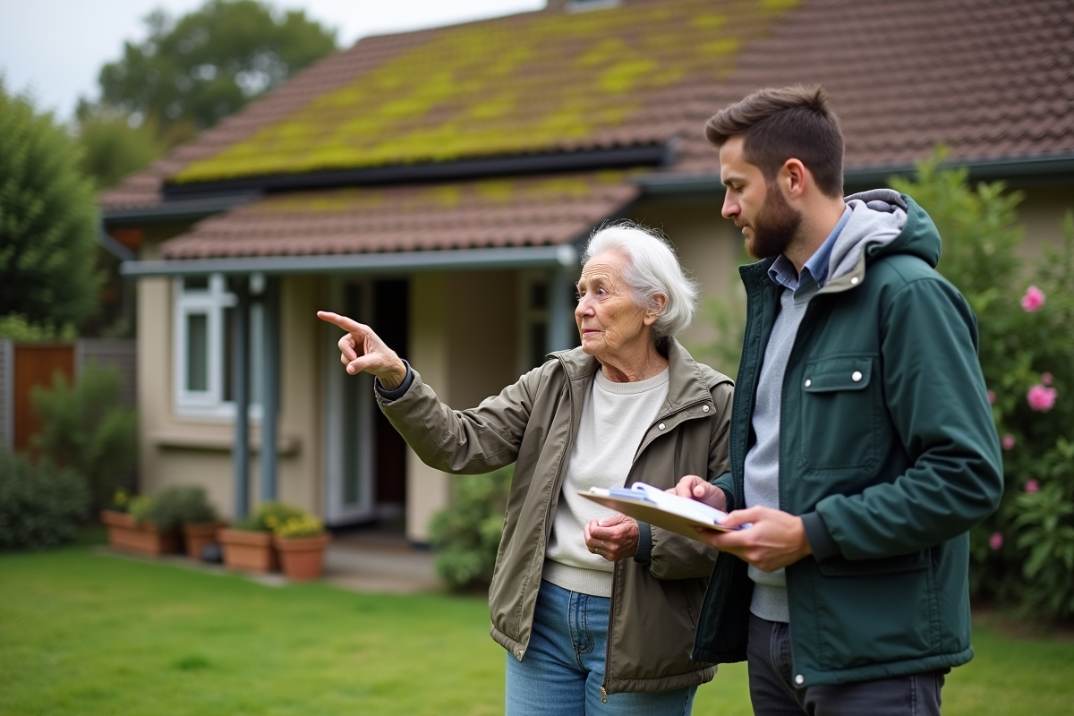 Femme âgée pointant son toit mousse avec un professionnel
