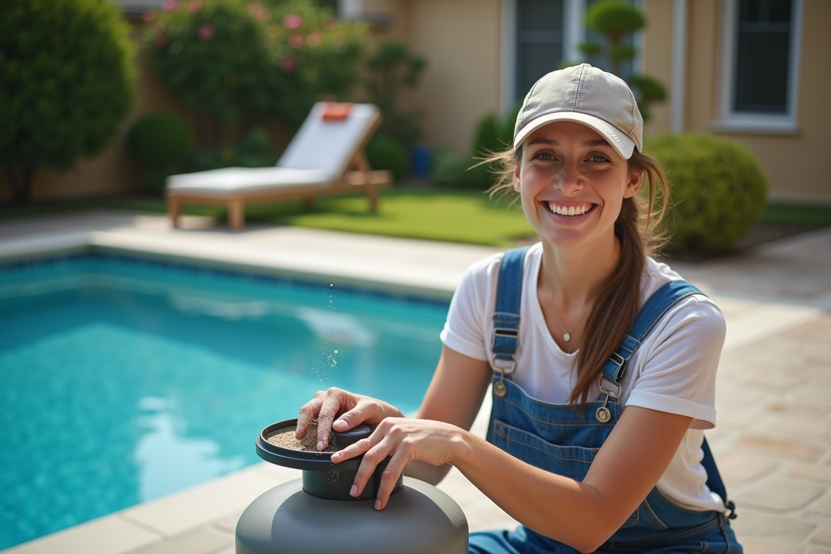 Jeune femme souriante remettant le filtre de piscine en place