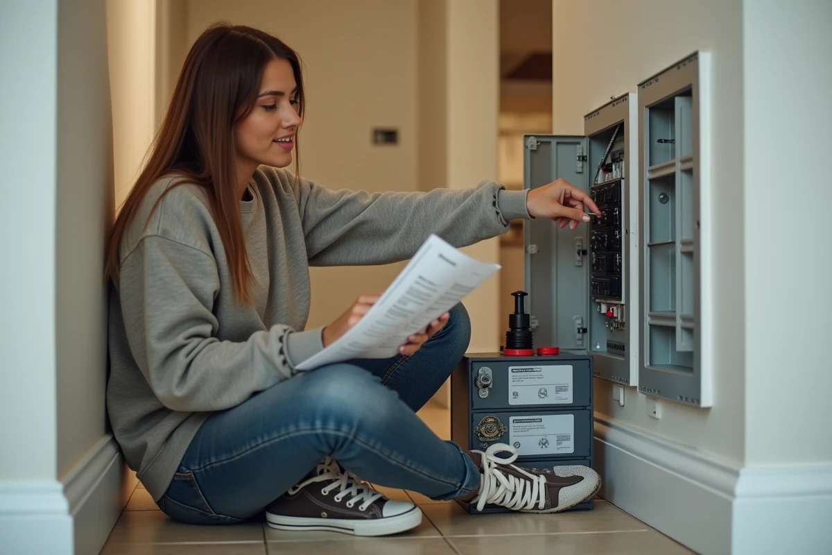 Jeune femme étudiant un manuel près d’un tableau électrique