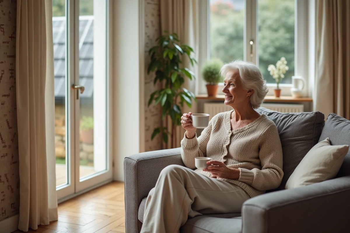 Femme senior buvant une tasse de thé dans un interieur eco-responsable