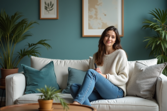 Femme assise dans un salon moderne et cosy