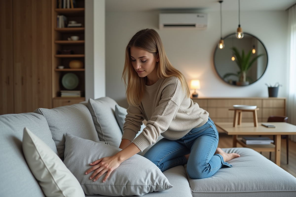 Femme arrangeant un canapé modulable dans un salon moderne