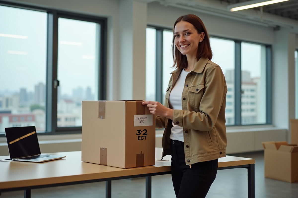 Femme scellant un carton dans un espace de travail lumineux