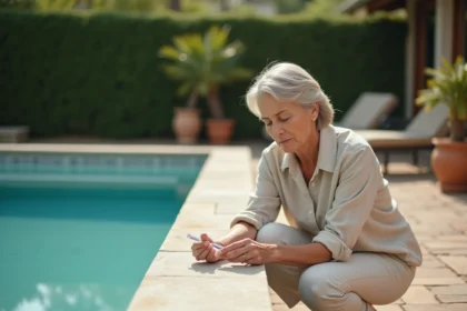 Femme examinant l'eau trouble d'une piscine avec un kit de test après un excès de clarifiant