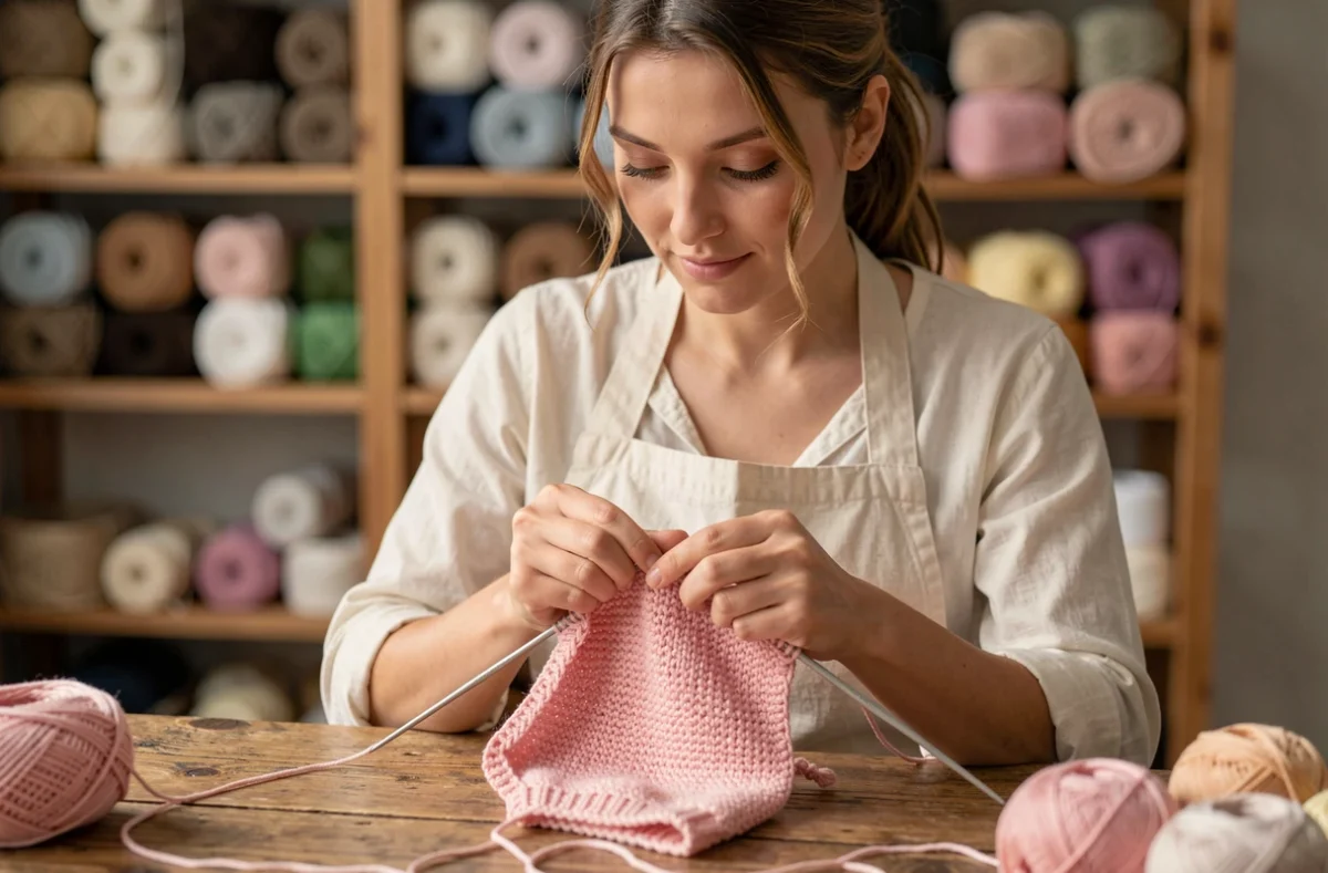 Femme tricotant un petit pull bébé en bebecolor rose blush, assise à une table de craft en bois avec pelotes de laine en arrière-plan