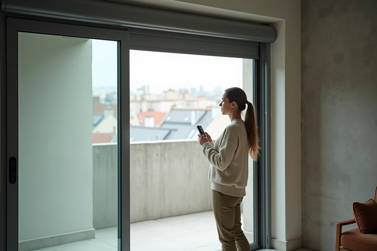 Jeune femme regarde un volet électrique défectueux dans un appartement