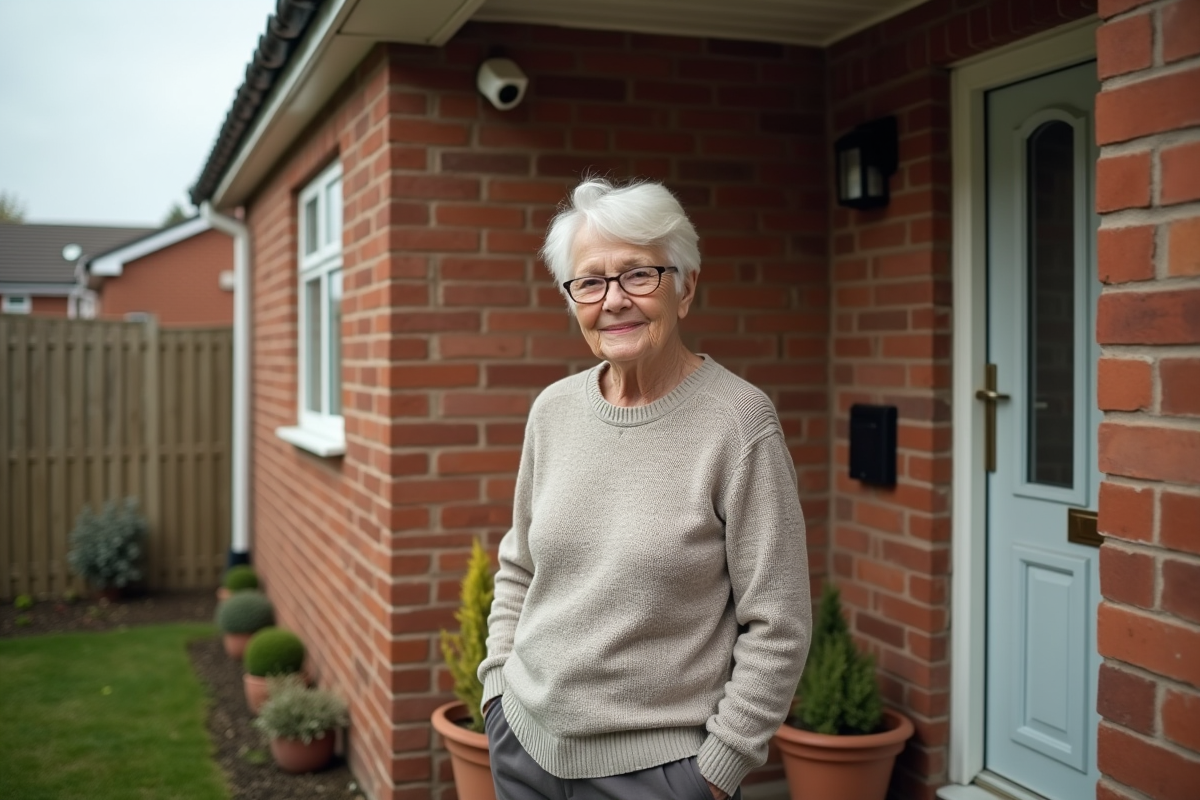 Femme agee souriante devant sa porte avec camera de securite