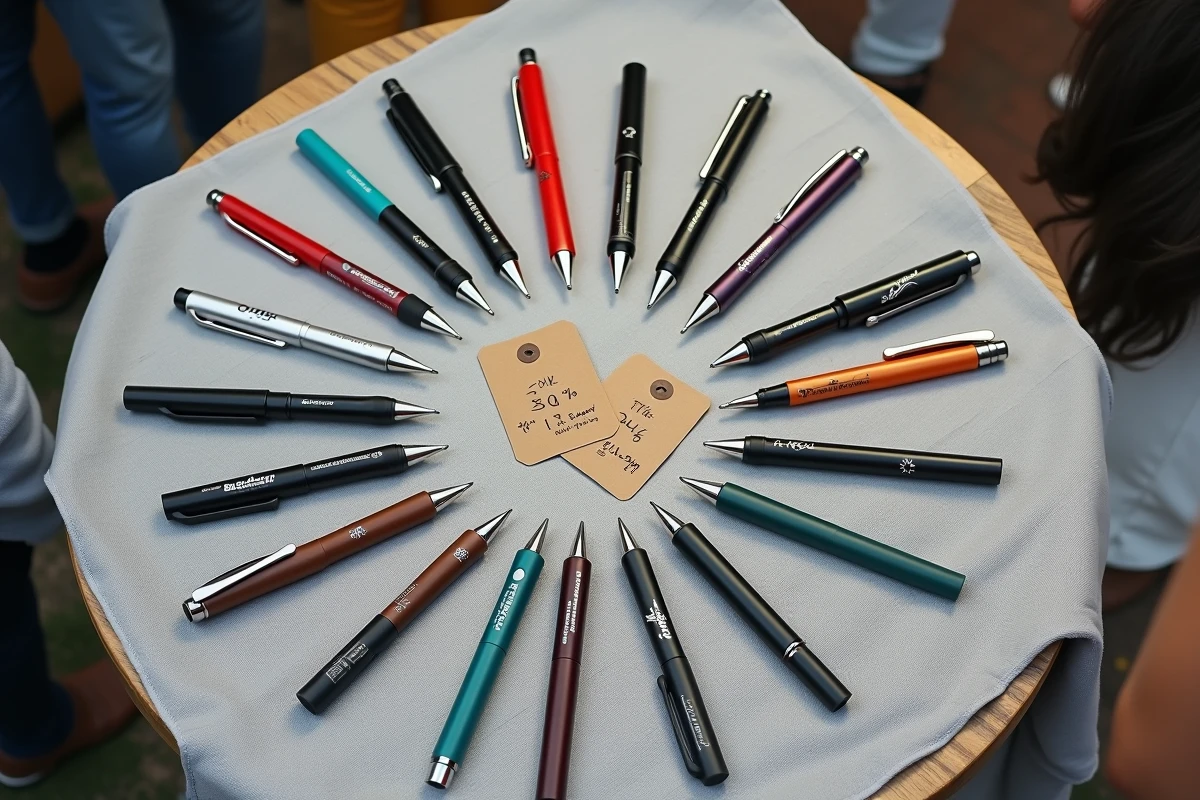 Vue aérienne d'une sélection de stylos promotionnels arrangés en cercle sur un tissu lin gris avec des étiquettes de prix en papier kraft lors d'une foire commerciale