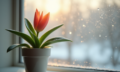 Fleur en forme de V dans un pot en céramique sur une fenêtre en hiver