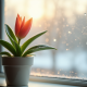 Fleur en forme de V dans un pot en céramique sur une fenêtre en hiver