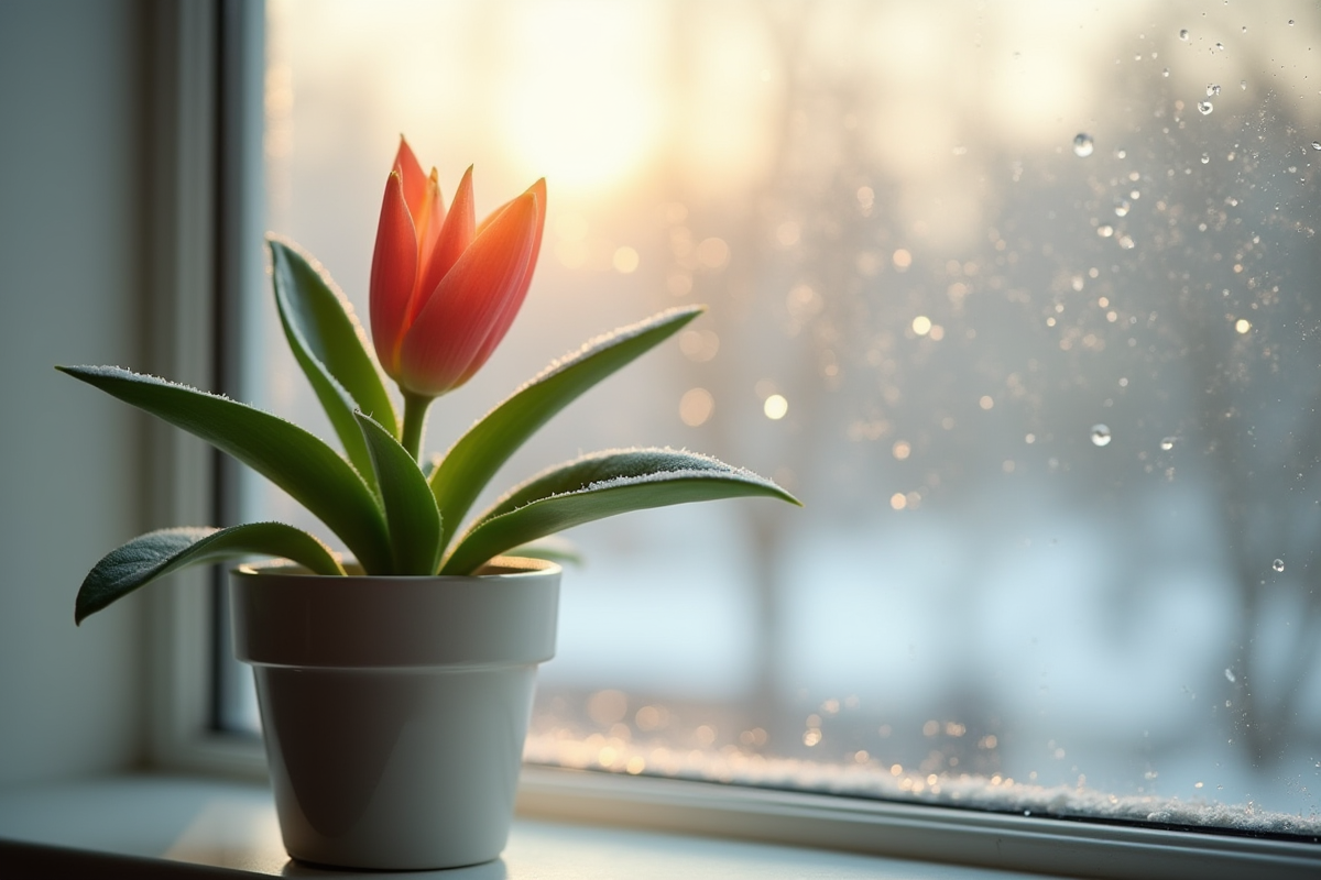 Fleur en forme de V dans un pot en céramique sur une fenêtre en hiver