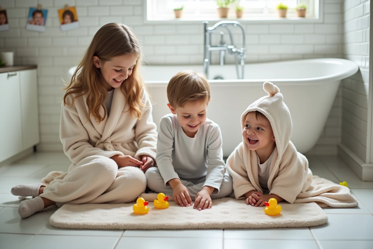 Trois enfants jouent sur tapis antidérapant dans la salle de bain familiale