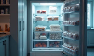 Congélateur ouvert avec givre et aliments partiellement décongelés