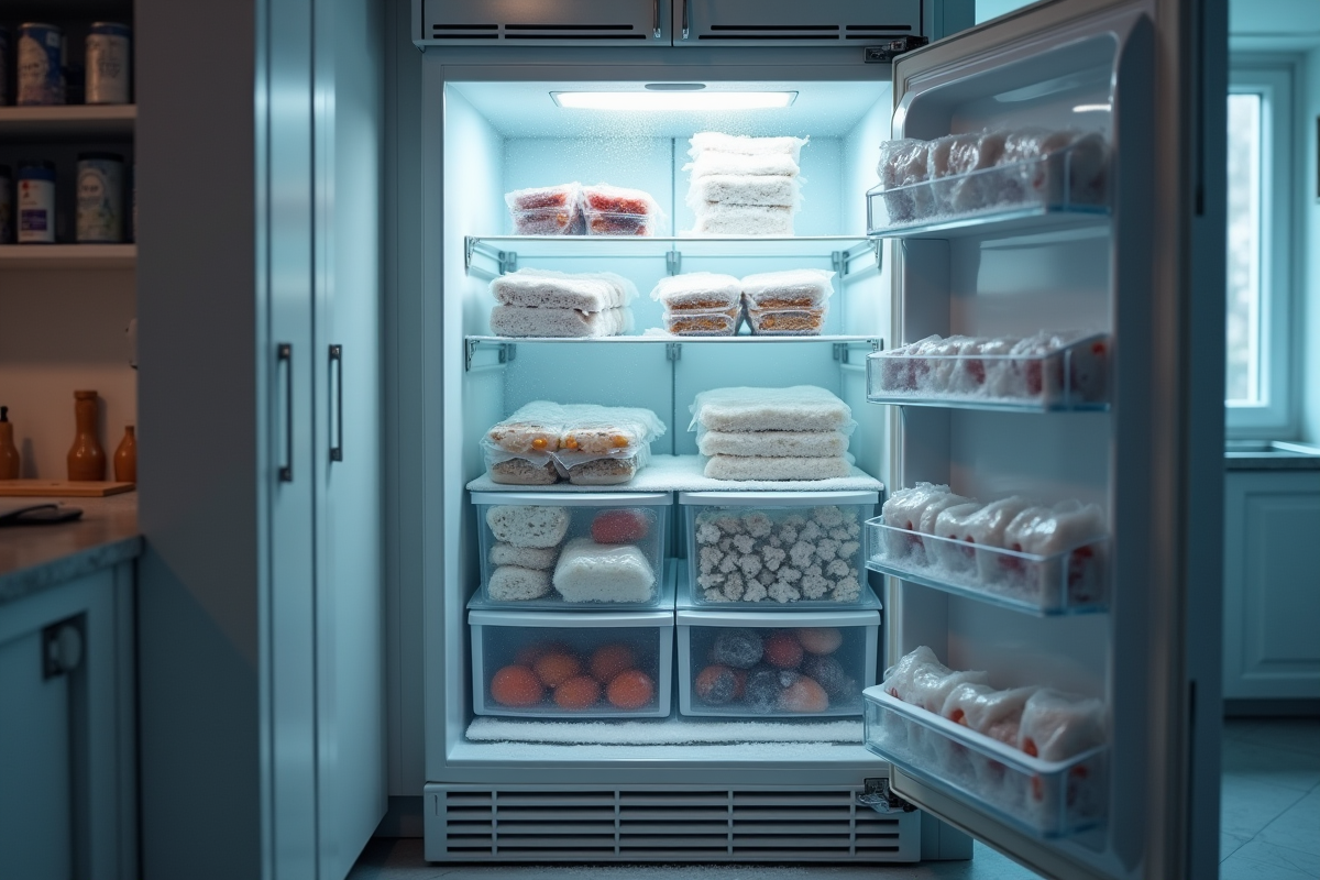 Congélateur ouvert avec givre et aliments partiellement décongelés