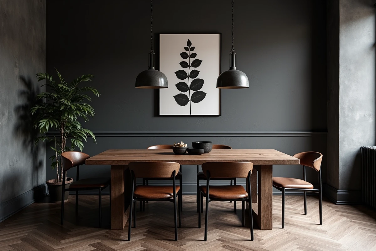 Salle à manger bistrot masculin avec murs gris anthracite et mobilier en bois foncé massif