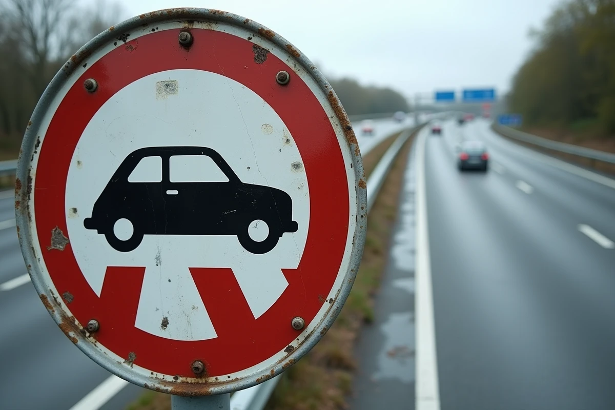 Gros plan du panneau B34 usé avec détails de la signalisation routière française