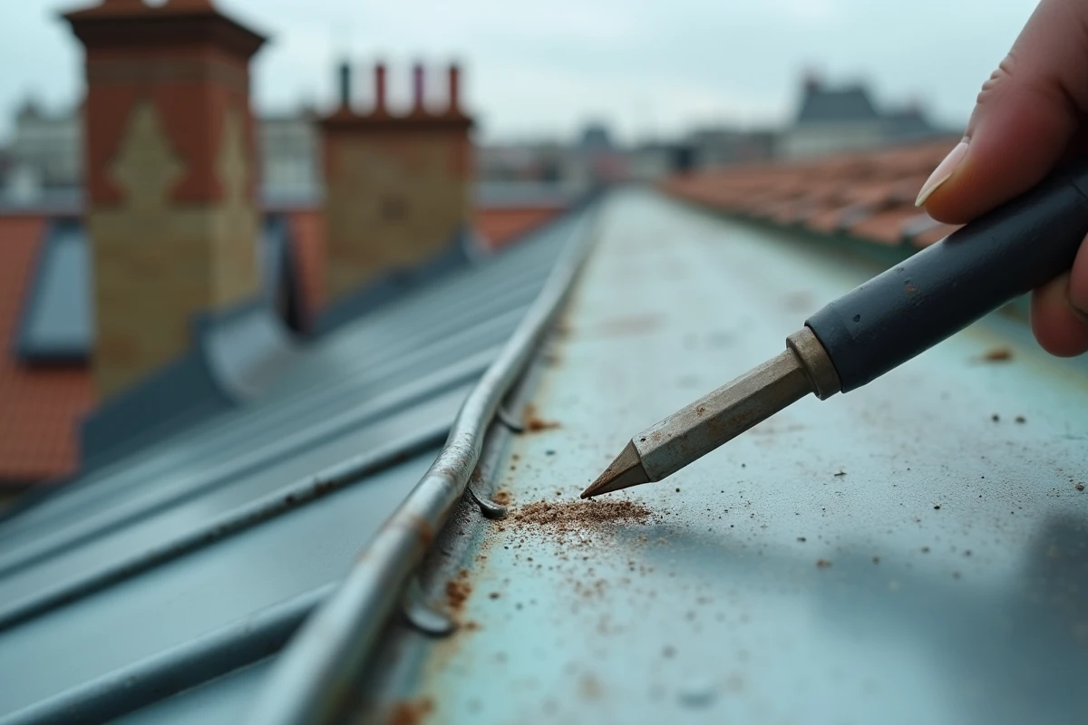 Gros plan sur une soudure à l'étain sur un joint de zinc en toiture, détail du bourrelet de soudure et de la patine du métal