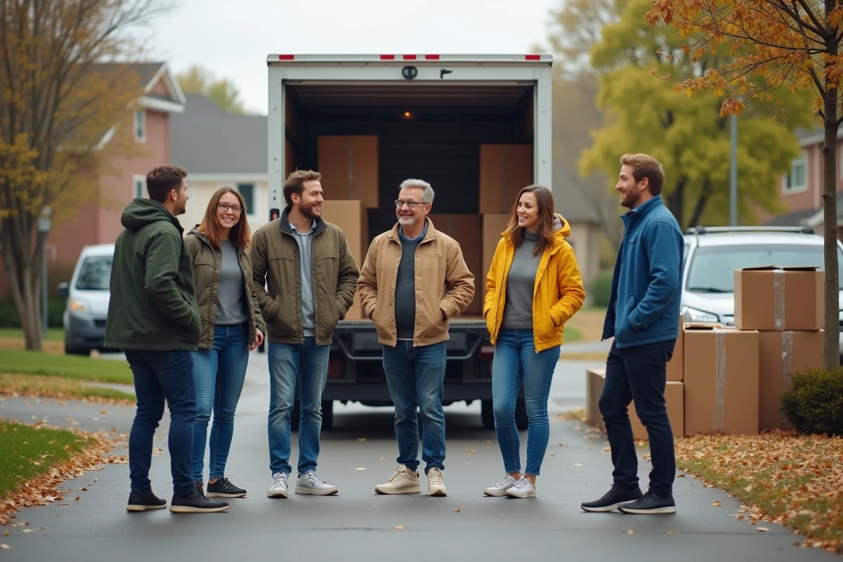 Groupe d'adultes souriants autour d'un camion de déménagement