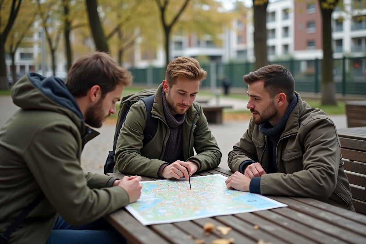 Groupe de trois adultes étudiant une carte en parc urbain
