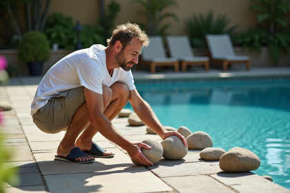 Homme en été examinant des rochers artificiels pour piscine