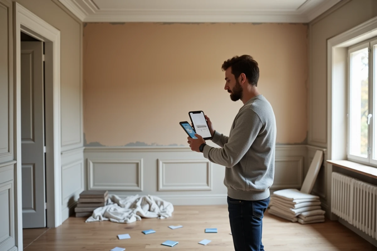 Homme comparant une application de décoration sur smartphone avec une pièce en cours de rénovation