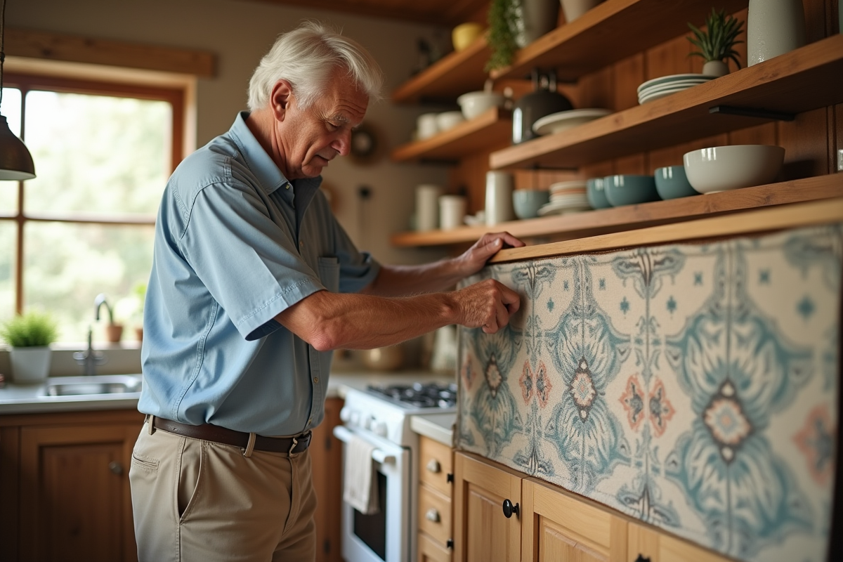 Homme accrochant un textile décoratif dans la cuisine