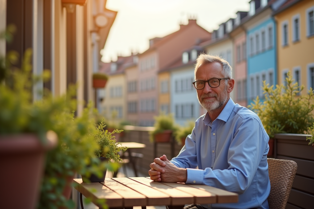Homme sur balcon ensoleille avec façades colorées