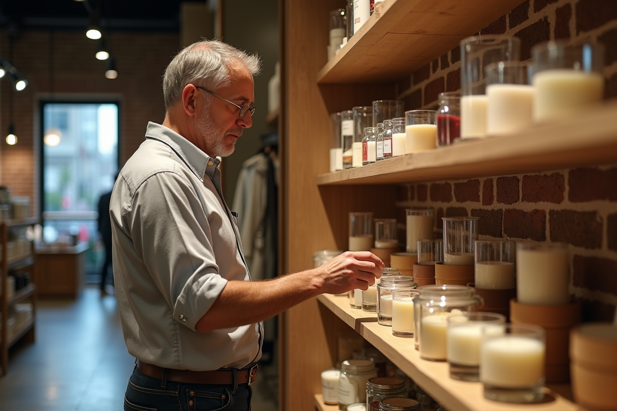 Homme parcourant une étagère de bougies dans une boutique déco