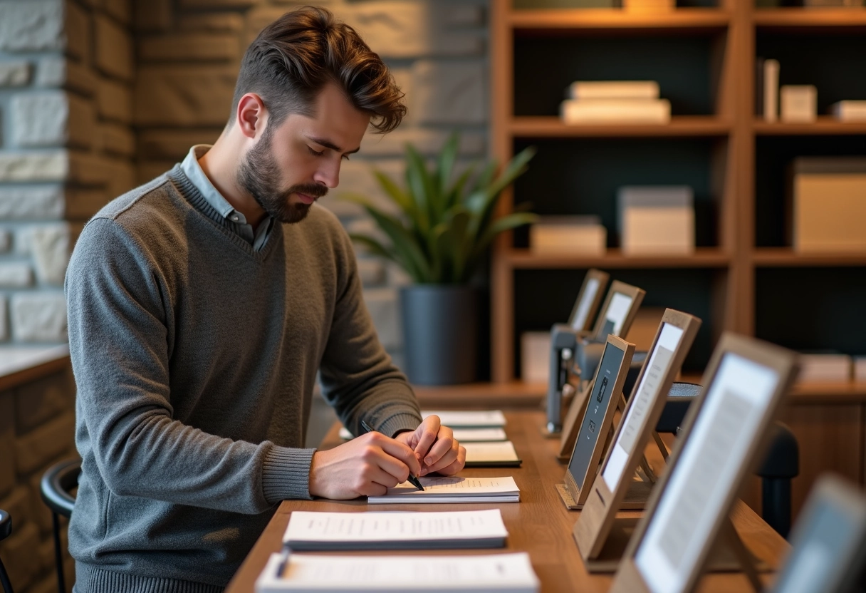 Homme examine une machine à écrire dans une boutique élégante