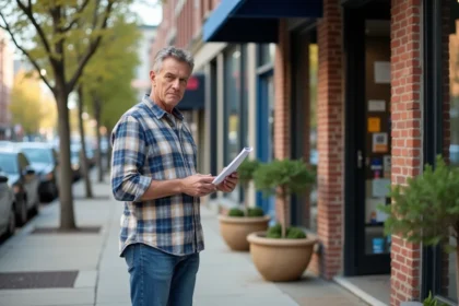 Homme d'âge moyen vérifiant sa liste de courses devant un magasin de peinture