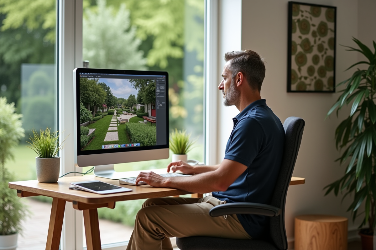 Homme utilisant logiciel de paysage dans son bureau lumineux
