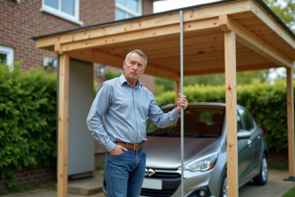 Homme d'âge moyen vérifiant la hauteur du carport en bois